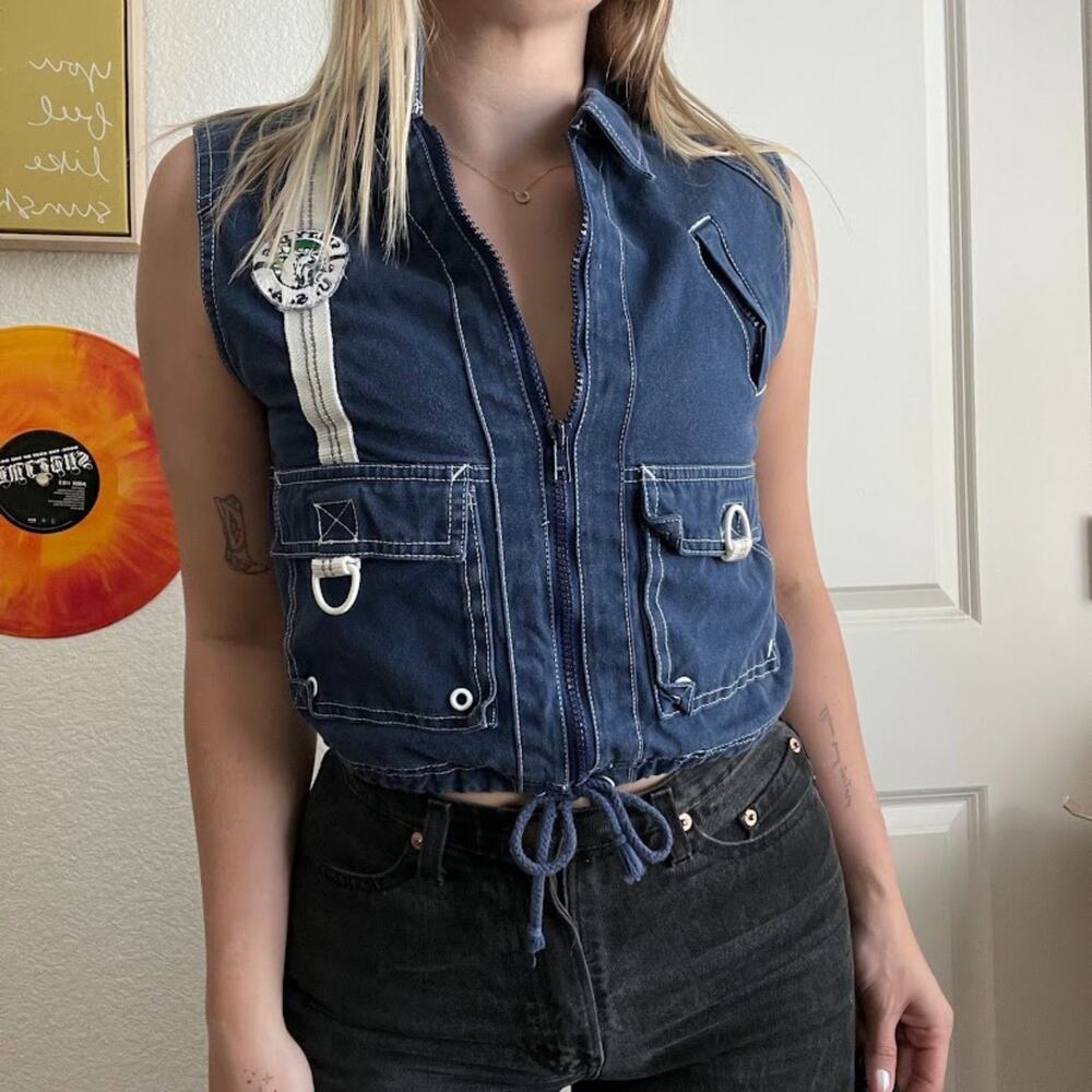 Vintage Y2K Salty Dog Navy Utility Zip Up Vest Sz 7 ( fits like S )